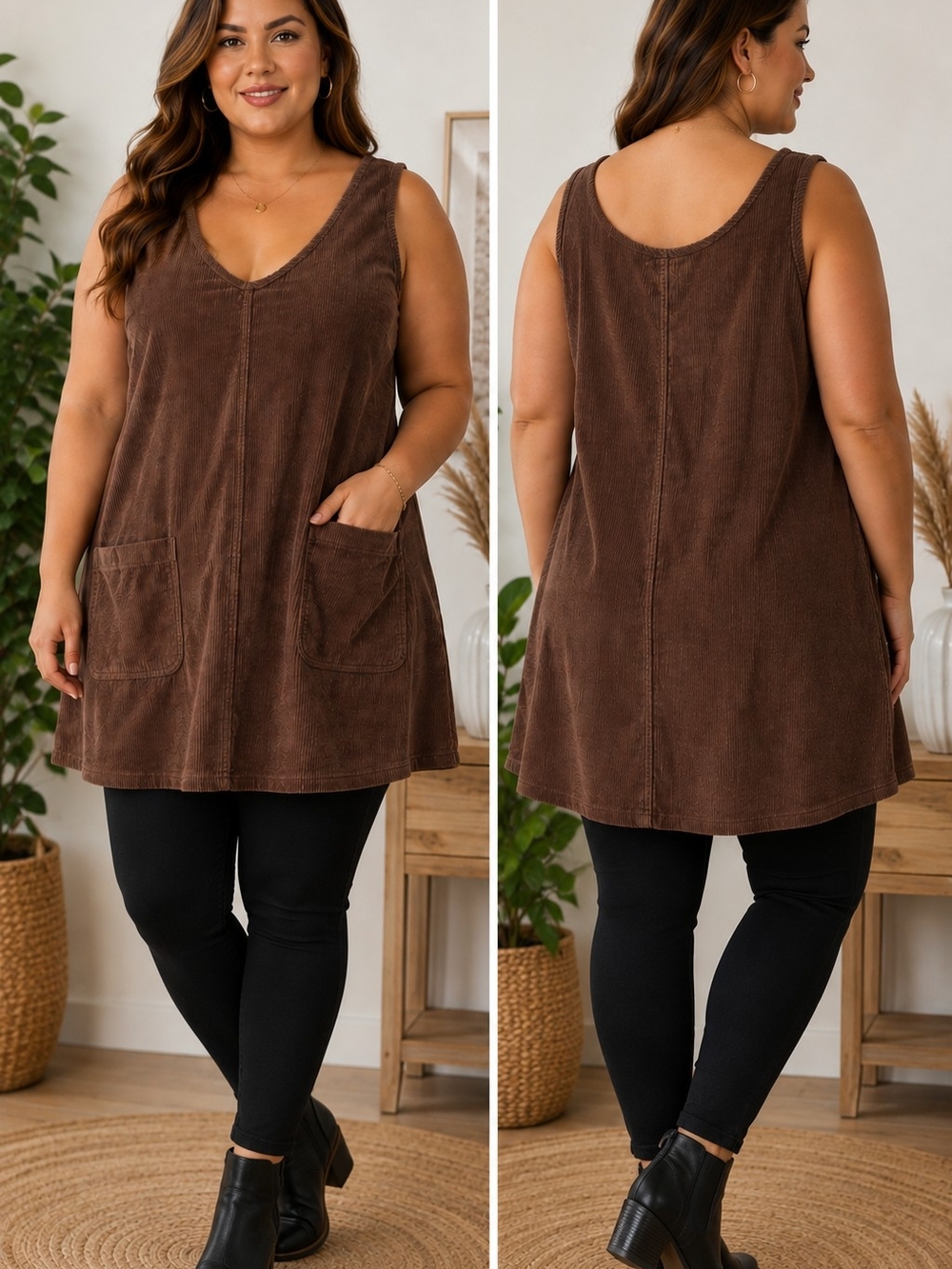 Brown V-Neck Sleeveless Tunic with Front Pockets